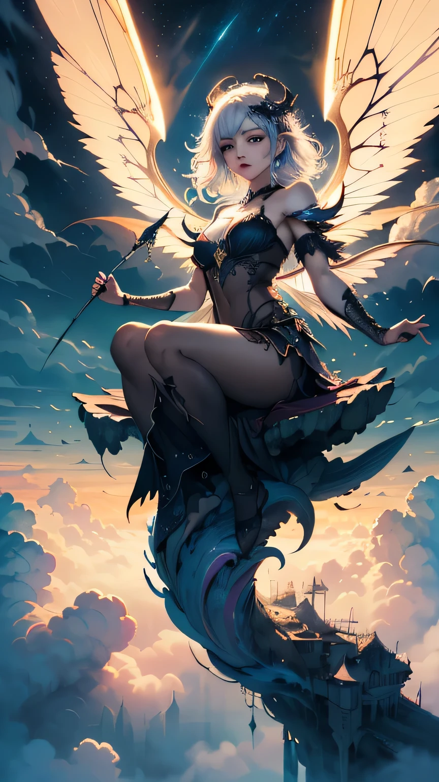 ((best quality)), ((masterpiece)), (detailed), alluring succubus, ethereal beauty, perched on a cloud, (fantasy illustration:1.3), enchanting gaze, captivating pose, delicate wings, symmetrical wings, otherworldly charm, mystical sky, (Luis Royo:1.2), (Yoshitaka Amano:1.1), moonlit night, warm colors, colorful, (detailed cloudscape:1.3), (high-resolution:1.2), (front view)