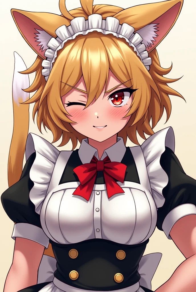 Katsumi (Bakugou female) with dull blonde hair held up and with spikes the hair, with maid outfit,with cat ears and cat tail Angry and winking crimson eyes