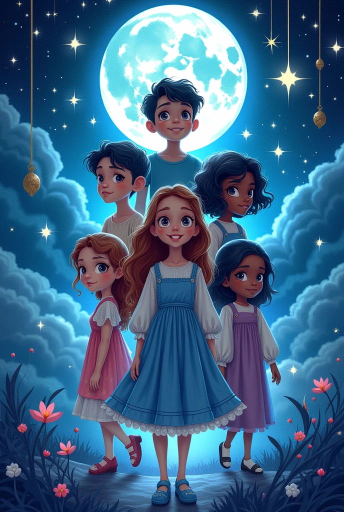 A book cover for a book called blue moon children. The author is kreaca winter. There are 7 main characters. 3 boys, 2 girls and 2 nonbinary characters.