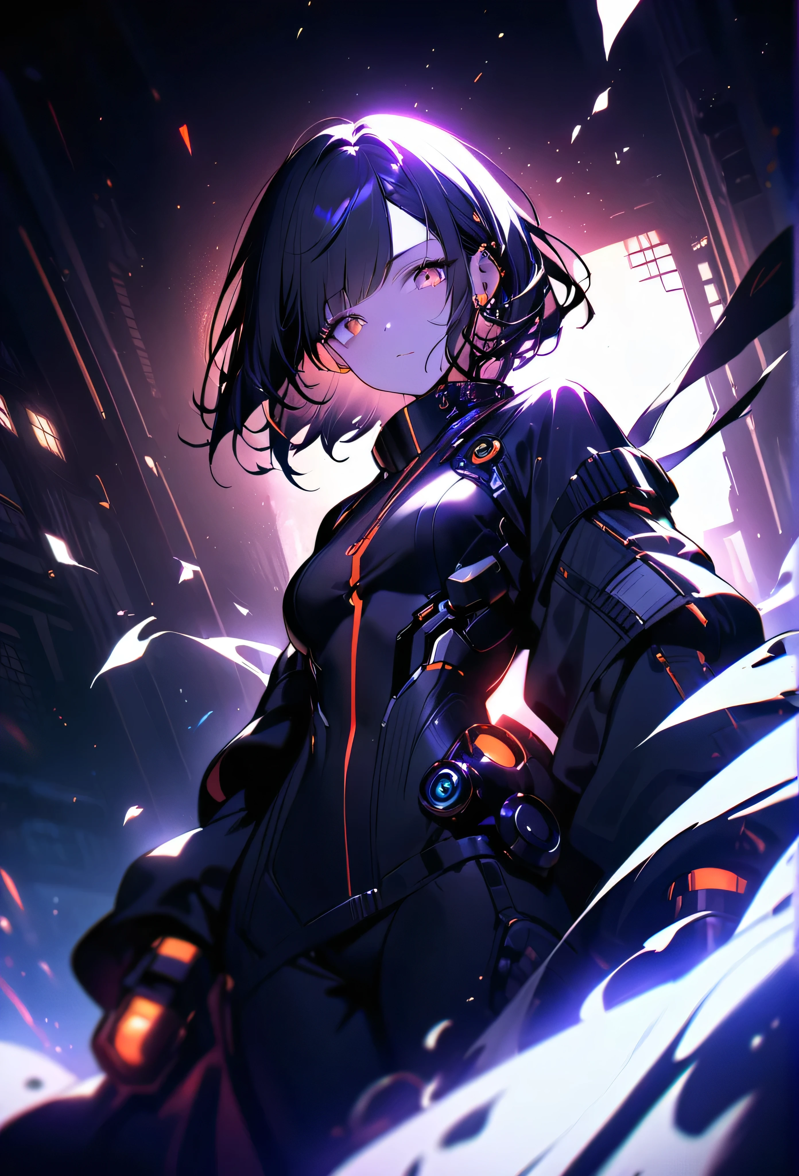 [Core Concept] A captivating portrait of a dynamic, alluring cyborg woman in a state of disarray, set against the atmospheric backdrop of a night scene.

[Character Description] The young, attractive cyborg woman strikes a powerful, expressive pose, with one eyebrow raised in a subtle, intriguing expression. Her features are illuminated by the glow of a nearby streetlight, revealing a hint of silver in her otherwise dark hair.

[Environment/Background] The scene is set at night, with the warm glow of a streetlamp casting a soft, cinematic light across the composition. Subtle particles of dust and bokeh-like orbs of light add depth and texture to the atmosphere.

[Style and Atmosphere] The overall style has a gritty, cinematic quality, with a sense of raw energy and dynamism. The moody, dramatic lighting and extreme camera angle create a captivating, almost surreal ambiance.

[Composition] The full-body pose of the cyborg woman dominates the frame, capturing her in a dynamic, almost defiant stance. The extreme camera angle adds a sense of tension and heightened perspective to the scene.

[Details and Embellishments] Subtle elements like the glistening film grain, floating particles of dust, and the singular strand of gray hair add depth, texture, and a touch of fragility to the cyborg's appearance, juxtaposing her mechanical nature with a more human, vulnerable quality.

[Technical Specifications] The image is characterized by a high-contrast, cinematic aesthetic, with a shallow depth of field that focuses the viewer's attention on the central subject. The use of extreme camera angles and lighting creates a striking, almost otherworldly visual effect.