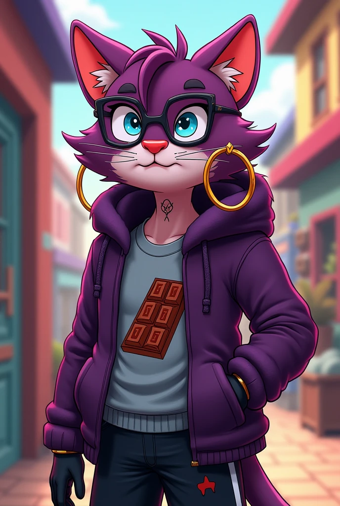 create a male purple humanoid cat, with gold earrings, wearing a gray sweatshirt with a print of a chocolate bar, black gloves, dark glasses on his forehead and black shorts, light blue eyes with red background, he has some tattoos on his body, The art style should be Cartoon Adventure Time style