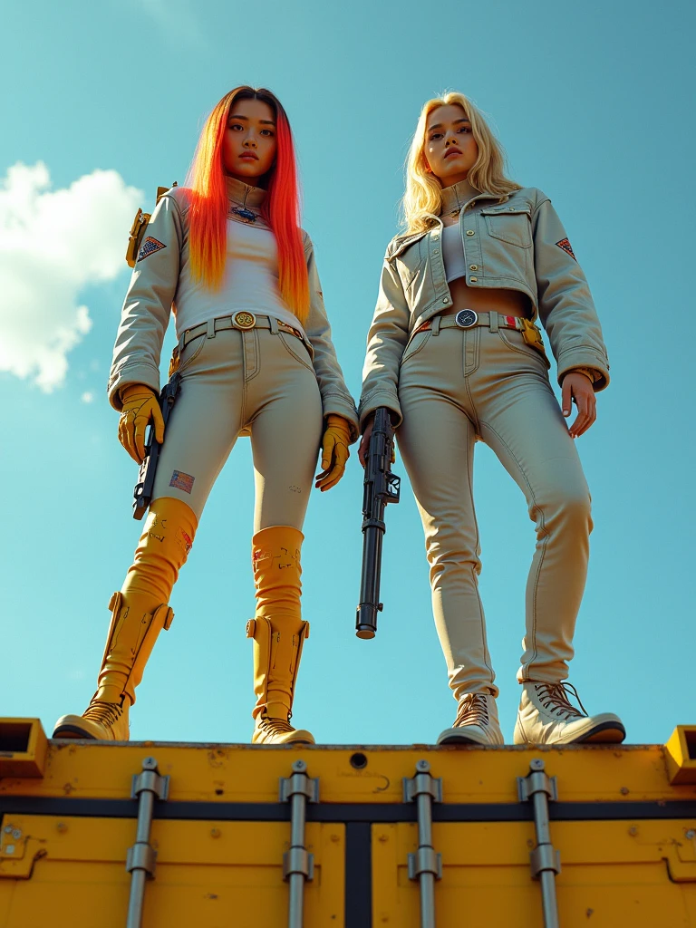 A young woman, around 18 years old, with long hair that starts as a bright celeste at the roots and gradually transitions into a vibrant orange towards the tips. She has a confident yet innocent expression, in a cyberpunk style, and Asian facial features. The scene is viewed from a very low angle, with the camera positioned on the ground, below the height of the yellow steel container she is standing on, emphasizing her imposing presence. The worn yellow steel container shows signs of age and use, with chipped paint revealing the raw metal underneath. The woman is standing in a pose that forms the shape of an 'A' with her legs apart and her body slightly leaning forward, emphasizing her stance and power. She is wearing a sexy two-piece swimsuit detailed with cyberpunk elements: there are miniature compasses, digital indicators, and small tubes integrated into the fabric, all glowing with a futuristic light. The swimsuit is sleek but visually complex, saturated with high-tech details that give it a very advanced and cybernetic look. She also wears cyberpunk-style boots and gloves that match her outfit. Next to her is another young woman with facial features typical of Northern Europe. She has blonde hair and blue eyes. This second woman is in the Patches pose, crouching with her arms resting on her knees, looking mischievous. She is also on top of the yellow steel container and is wearing a two-piece swimsuit with similar cyberpunk details, as well as matching boots and gloves. Both women are facing forward, looking directly at the camera. Their feet are clearly visible in the shot. Both women are part of a futuristic setting, and part of the sky is visible in the shot, adding depth and a sense of openness to the scene. In the right hand of the first woman, she holds a cyberpunk-style weapon, a sleek and futuristic firearm with glowing accents. The first woman is smiling innocently as she looks ahead, with subtle glowing data streams surrounding her, indicating her extraordinary abilities in this high-tech world.",
  "size": "1024x1024