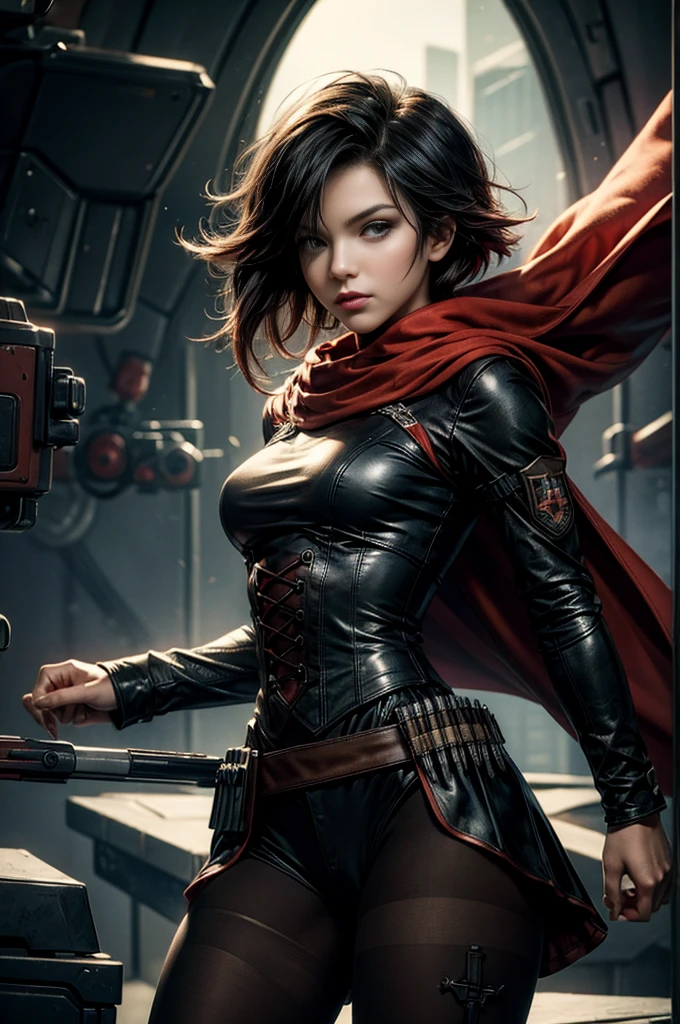 (masterpiece, best quality:1.2), cowboy shot, solo, dynamic pose, 1girl, ruby rose, looking at viewer, military uniform, cape, pantyhose, in futuristic office