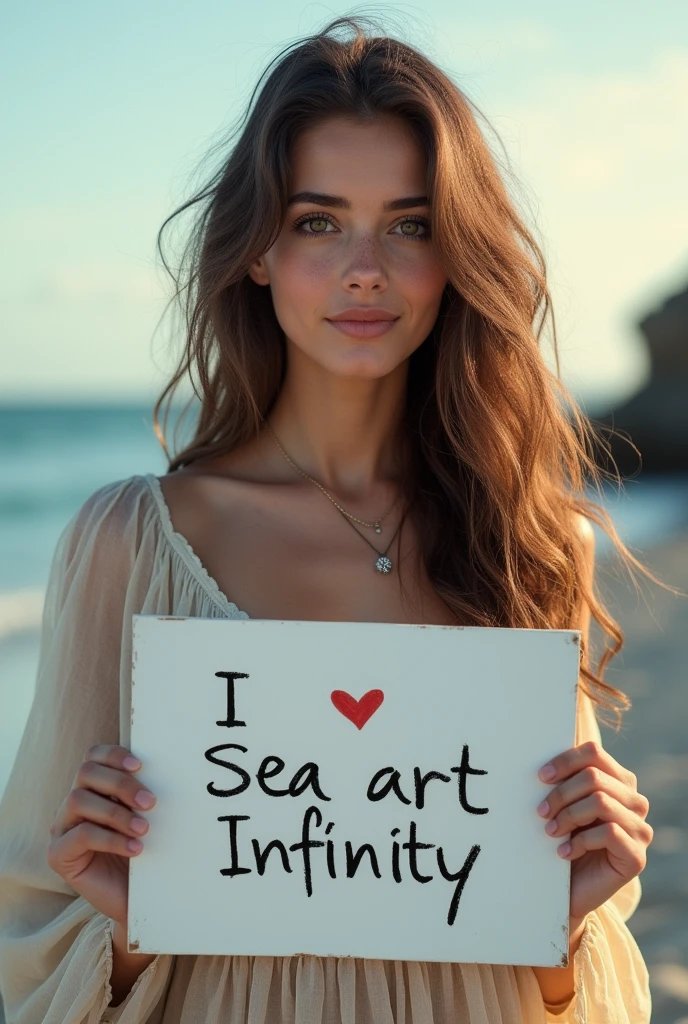Beautiful girl with wavy long hair, bohemian dress, holding a white board with text "I Love Seaart Infinity" and showing it to the viewer