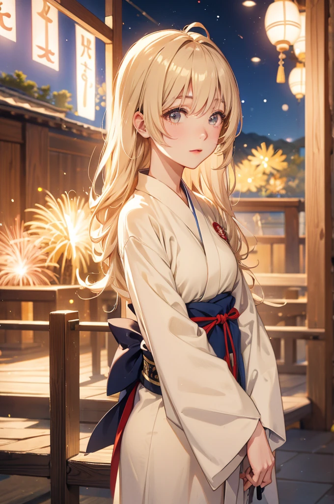 Takanashi hoshino kimono firework night, beige colored hair ,