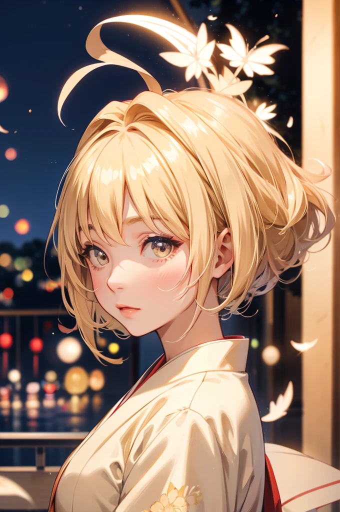 Takanashi hoshino kimono firework night, beige colored hair ,