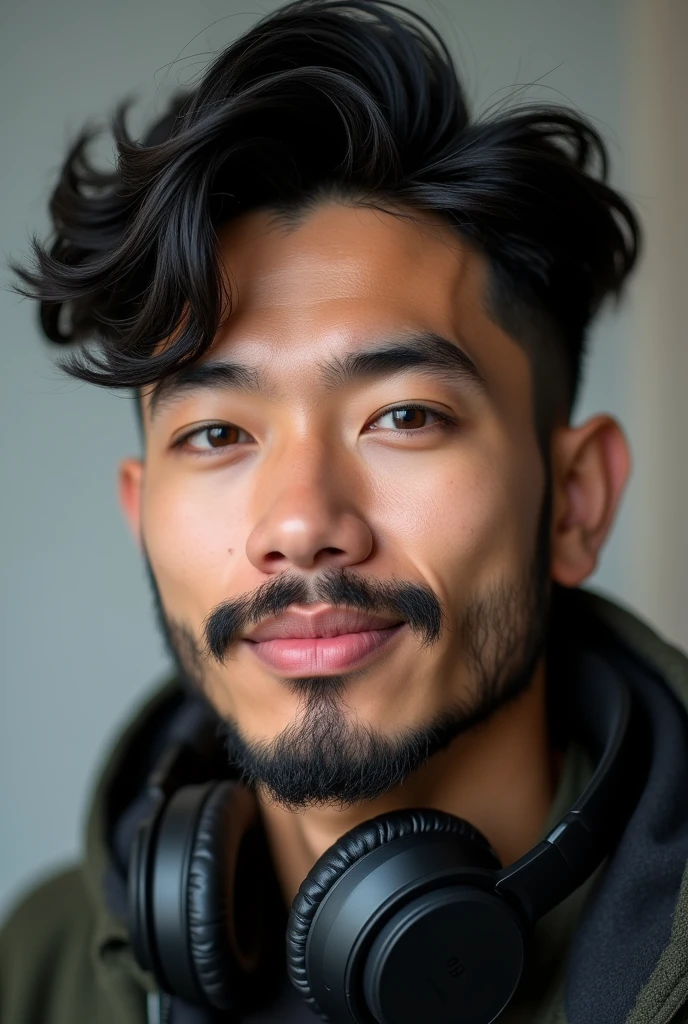 (full body 1.5)0.9], (photography studio 1.2) (wavy black hair:1.1) (Asian and black eyes1.2) (headphone preto:1.0) (normal pupil:1.0) (A radiant glow:1.1) (plump, pink lips:0.9) (Young man) (short beard) (fat and white)