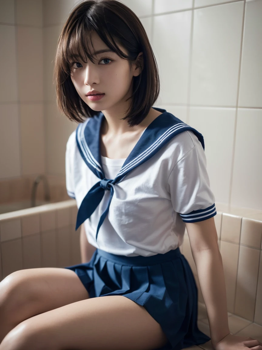 top-quality,masterpiece,Raw photography,8K,20 years old Japanese female idol ,Short hair , skinny body ,lying ,in the bath, Spread legs, skinny body ,Sweat ,wet, navel focus,(((school uniform))),Armpits , look at viewer, face focus , 