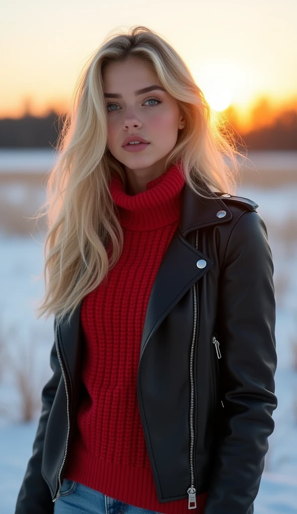 Allie Dunn full body, ultra realistic, meticulously detailed, phot realistic Allie Dunn, blond hair, natural makeup, natural light, natural lighting, natural shadows, no filters, beautiful and detailed eyes, beautiful and detailed face) looking directly to the camera, full body photo, selfie, subtle makeup, stunning full body shot, winter sunset in the background, on a snowy meadow in winter, (wearing jeans, red jumper, black leather jacket:1.2) perfect female body, perfect skin, perfect face.