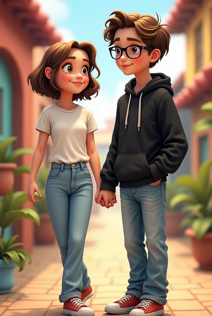Now make a Disney themed picture of a girl with short brown hair, a jean and a white shirt next to a boy a little taller than her with wavy brown hair and black glasses with a jean and a black sweatshirt