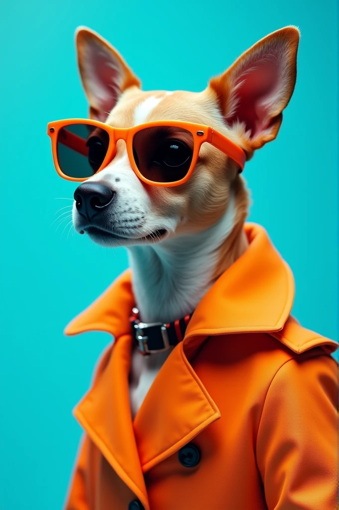 The best cell phone wallpaper, Award-Winning Wallpaper, portrait photography, In the front view is a portrait of a cute dog wearing mid-1960s space age fashion, Side view photo, Shot with Canon EOS R5, Set a strong contrast that accentuates the subject, Fluorescent blue tone, Wearing a very modern coat and sunglasses is a modern 1960s style, Clothes all in one color, beautiful background