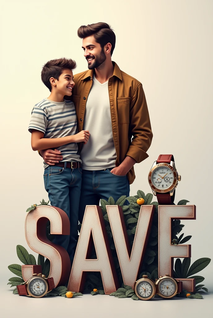 Banner with the name SAVE in 3D and several wristwatches and a father with his son
