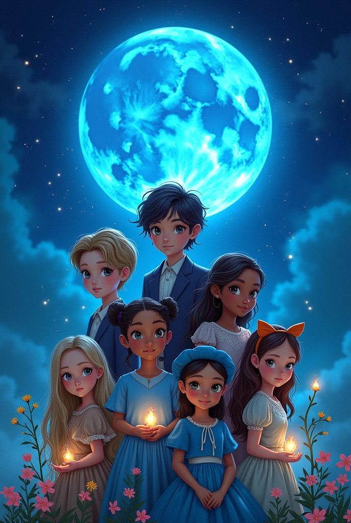 A book cover for a book called blue moon children. The author is kreaca winter. There are 7 main characters. 3 boys, 2 girls and 2 nonbinary characters.