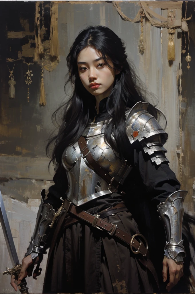 An oil painting of an asian white woman with dark long hair holding a sword wearing a metal armor