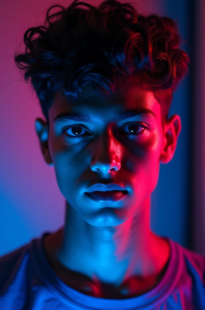 An 18 year old indian Boy Bagraund Black Blue Pink Colour Led Light