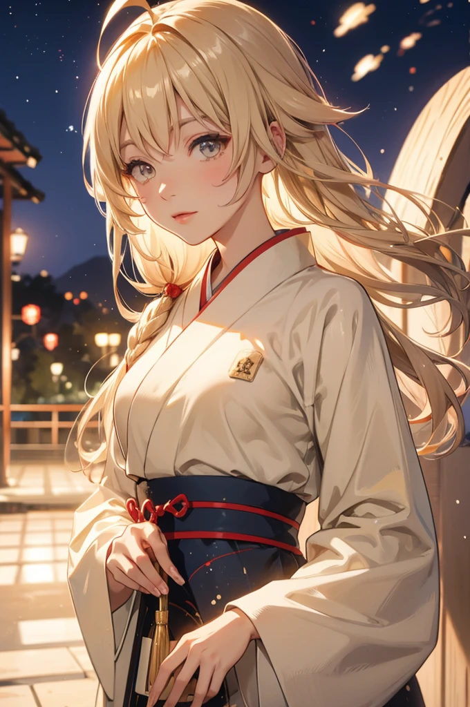 Takanashi hoshino kimono firework night, beige colored hair ,