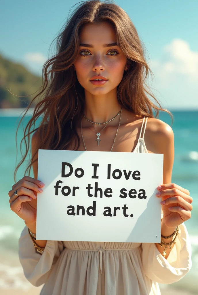 Beautiful girl with wavy long hair, bohemian dress, holding a white board with text "I Love Seaart Infinity" and showing it to the viewer
