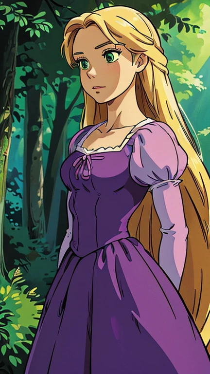 (a girl as RapunzelWaifu), (extremely detailed CG unit 8k wallpaper),(master part), (best quality), (ultra detail), (best illustration),(ghibli style), cowboy shot,(Sharp eyeliner, ombre, detailed eyes:1), Towerr Forest, outdoors, GHIBLI_Background,break,upper body, purple dress, puffy sleeves, very long hair, blonde, green eyes