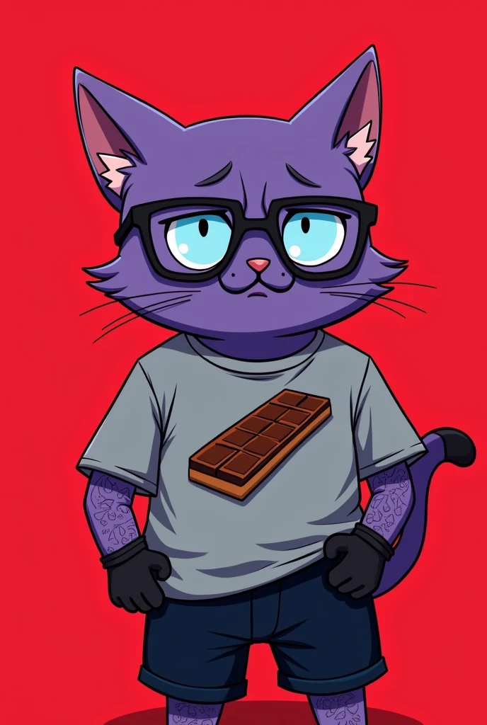 create a male purple humanoid cat, wearing a gray sweatshirt with a print of a chocolate bar, black gloves, dark glasses on his forehead and black shorts, tired light blue eyes with red background, he has tattoos all over his body, The art style should be Cartoon Adventure Time style