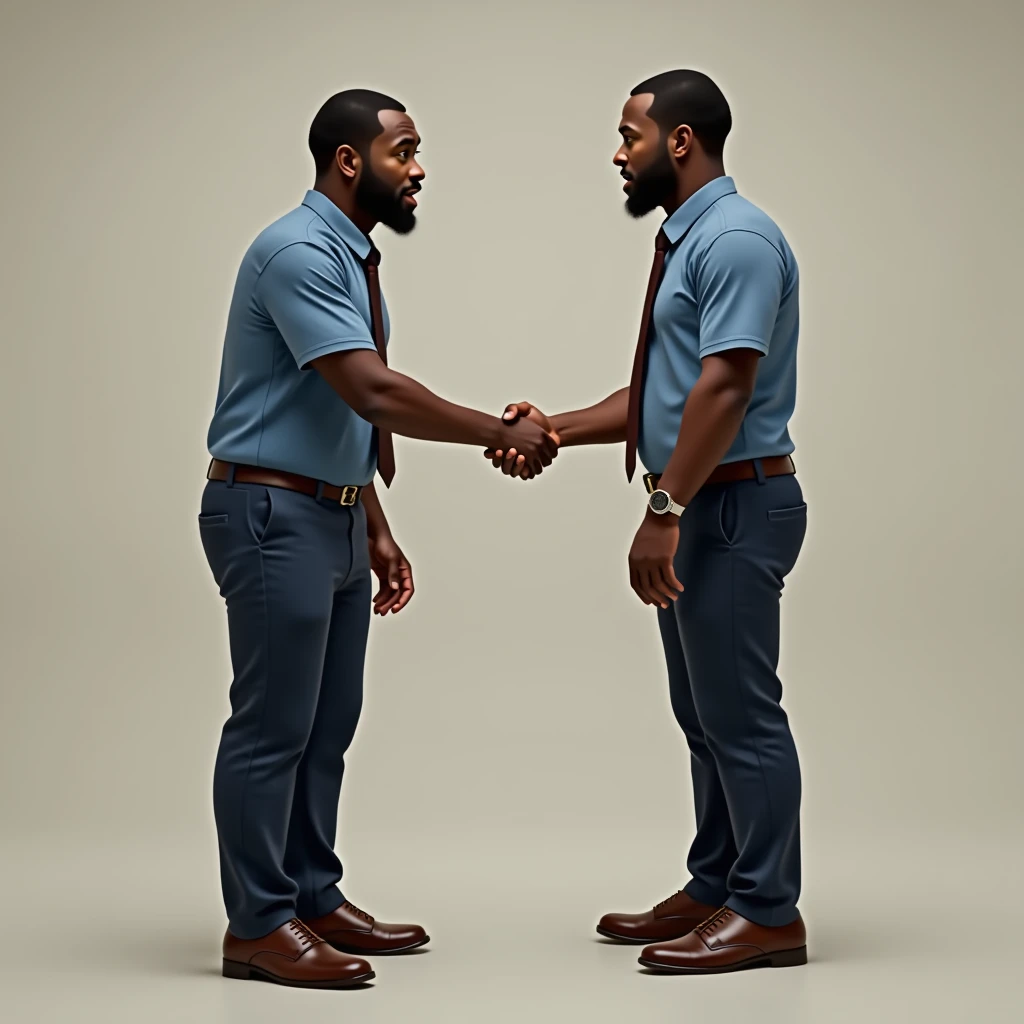 A black man with a doubtful face, baldie, blue polo shirt, dark brown tie and pants with elegant sneakers, standing shaking hands with someone who doesn't need to appear in the picture