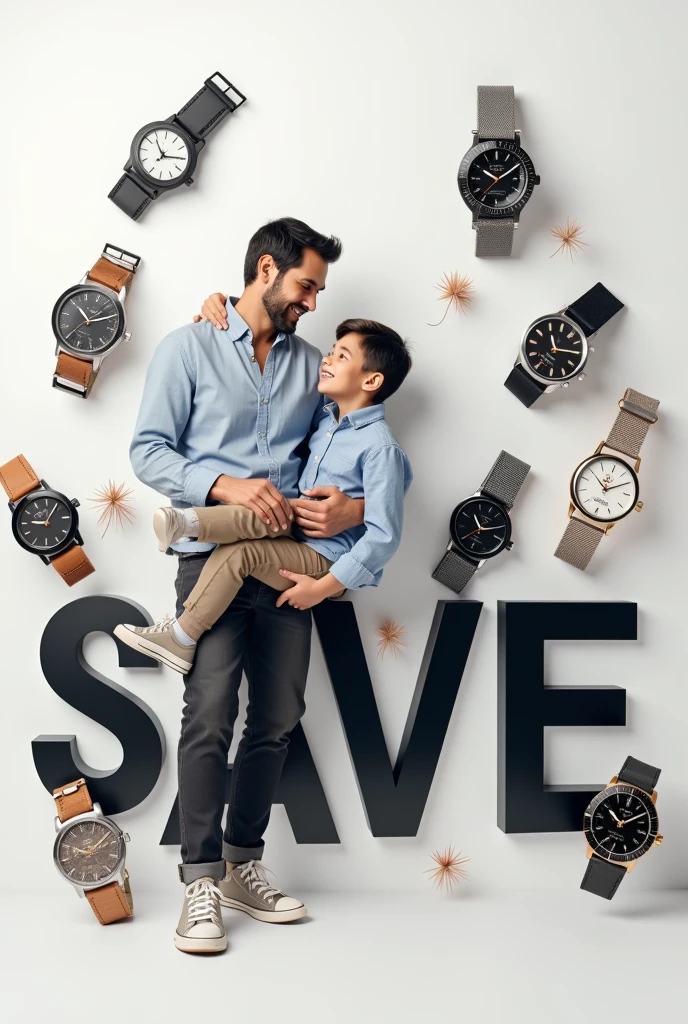 Banner with the name SAVE in 3D and several wristwatches and a father with his son