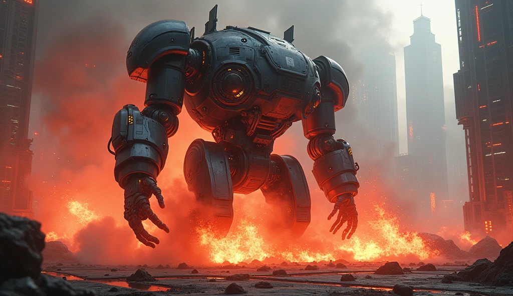 work of art,offcial art,8k, work of art, best qualityer, highy detailed, futurist, dynamic, Ablaze, metallic, robotic,, , Cyber world,Mecha:1.2,waves of energy,explosions,high technology buildings,neon lights,smoke and dust.