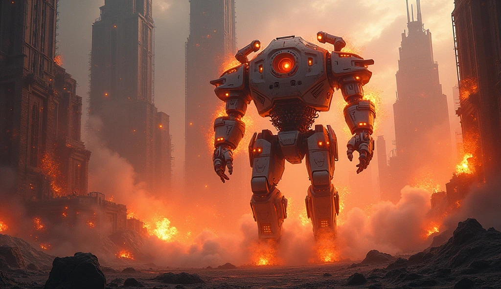 work of art,offcial art,8k, work of art, best qualityer, highy detailed, futurist, dynamic, Ablaze, metallic, robotic,, , Cyber world,Mecha:1.2,waves of energy,explosions,high technology buildings,neon lights,smoke and dust.