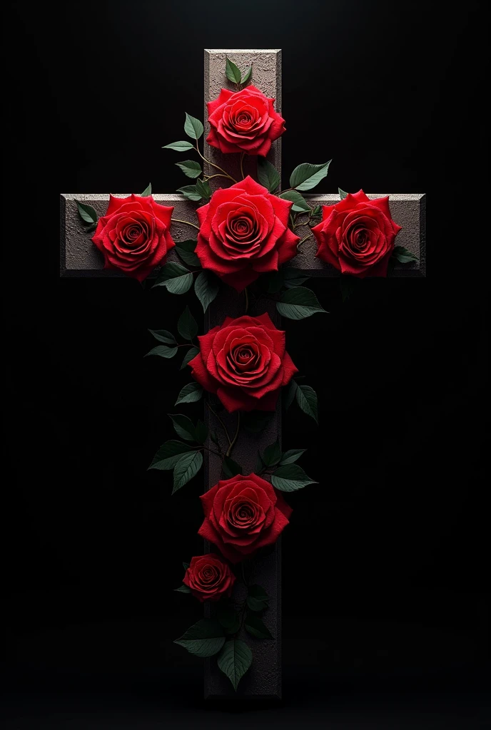 A black background, with a cross with red roses sprouting, in geometric style