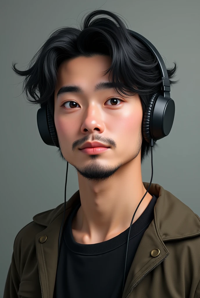 (full body 1.5)0.9], (wavy black hair:1.1) (Asian and black eyes1.2) (headphone preto:1.0) (normal pupil:1.0) (Fat and White1.1) (plump, pink lips:0.9) (Young man) (short beard) (fat and white)