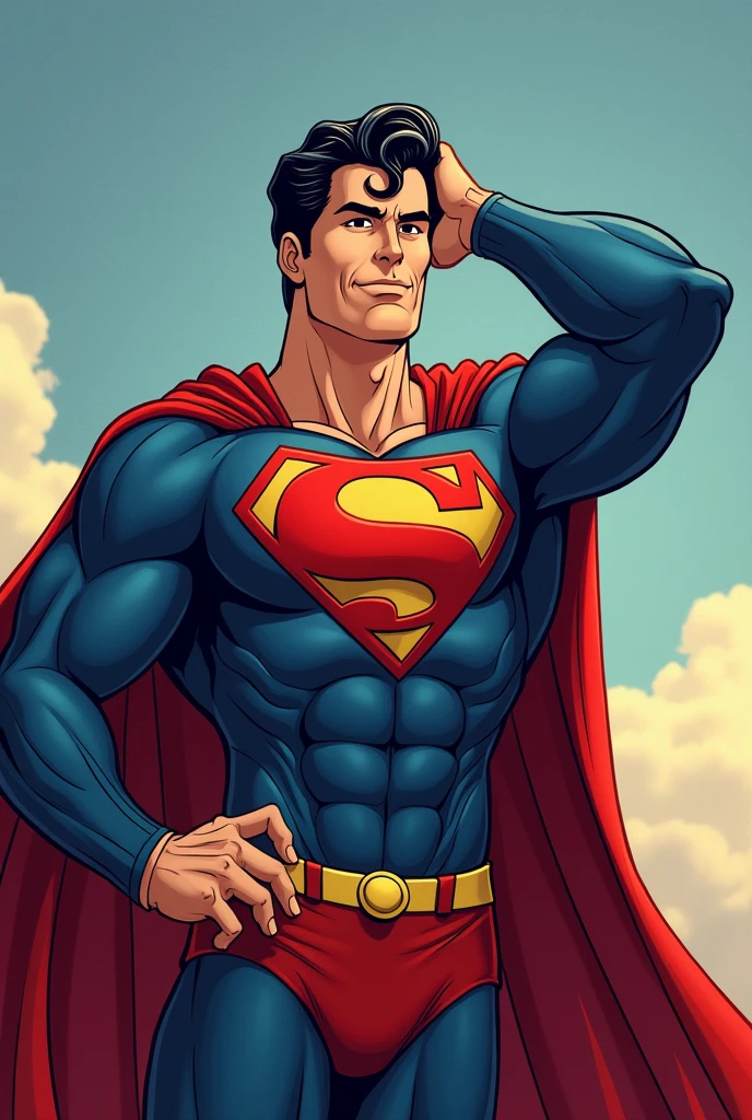 Superman stylized character, comics, Very detailed, 8k,Hold your head、Thumbs up、A happy face、smile、Winking