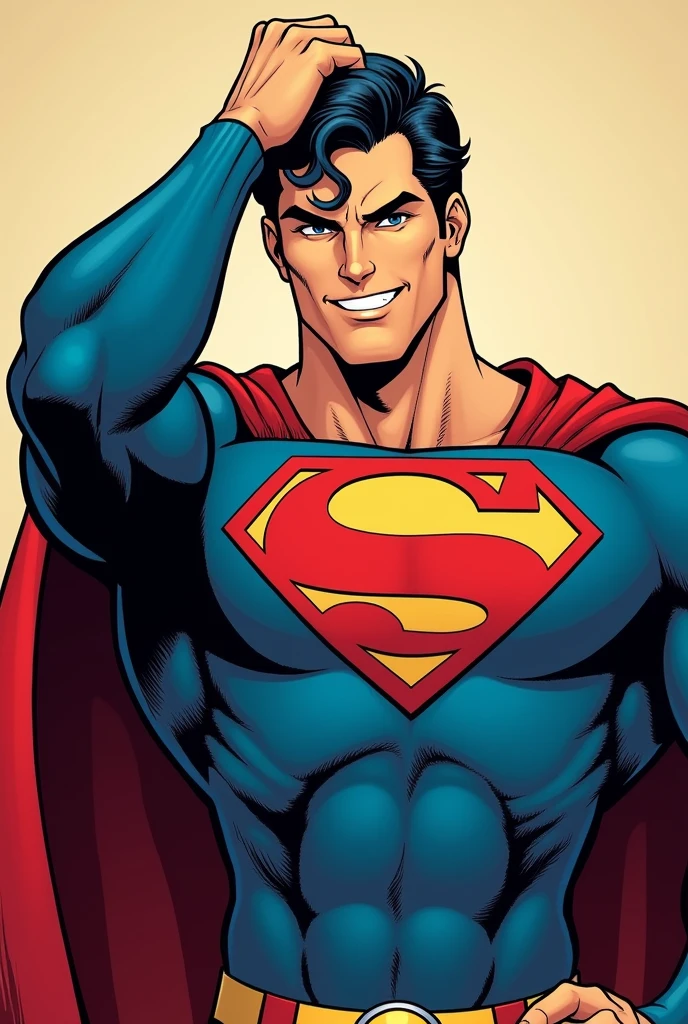 Superman stylized character, comics, Very detailed, 8k,Hold your head、Thumbs up、A happy face、smile、Winking