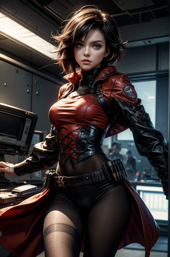 (masterpiece, best quality:1.2), cowboy shot, solo, dynamic pose, 1girl, ruby rose, looking at viewer, military uniform,  pantyhose, in futuristic office