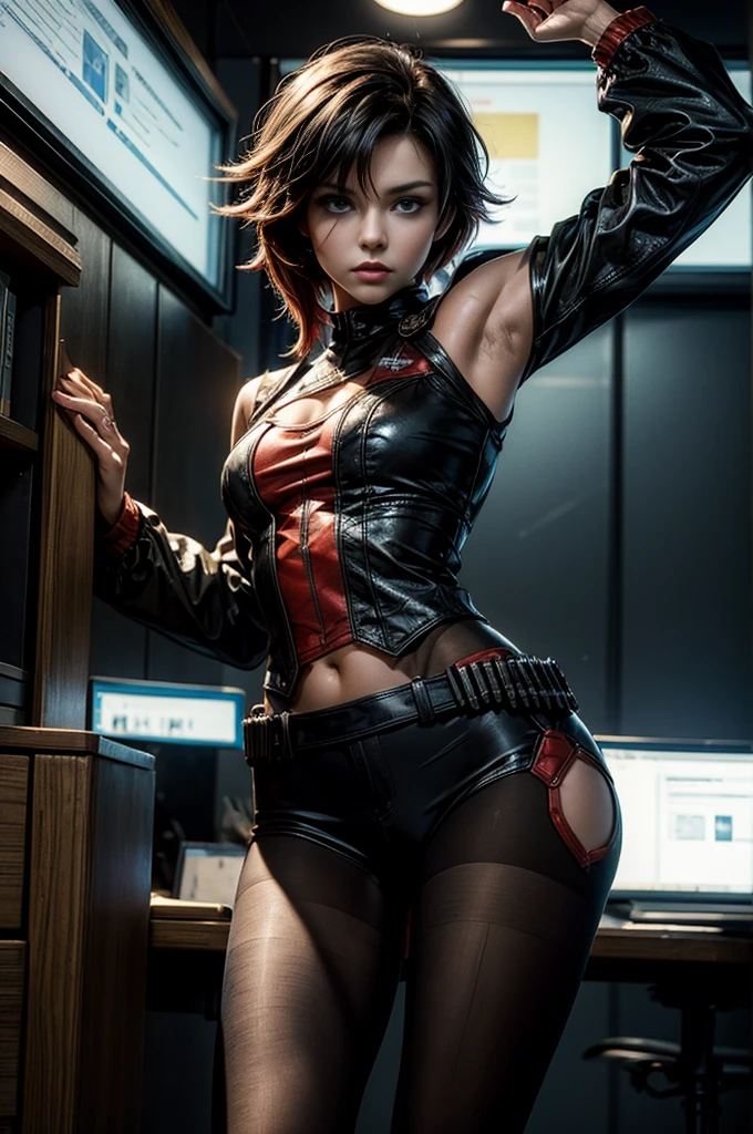 (masterpiece, best quality:1.2), cowboy shot, solo, dynamic pose, 1girl, ruby rose, looking at viewer, military uniform, pantyhose, in futuristic office