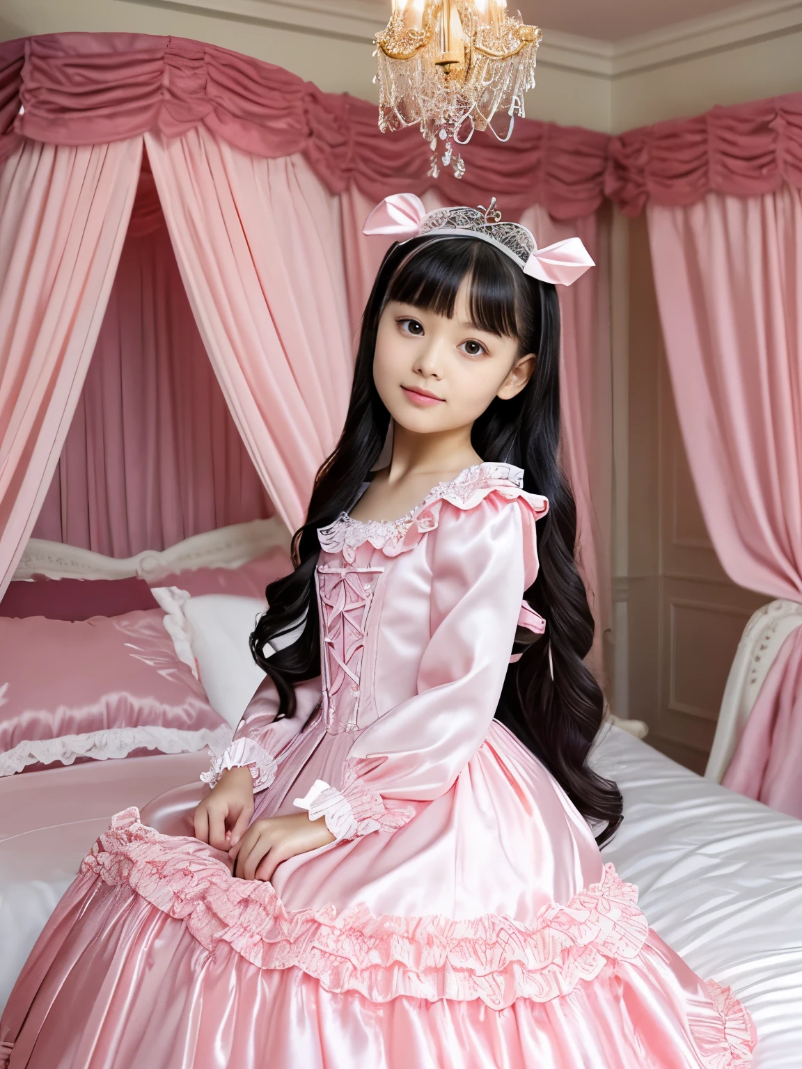 highest quality, masterpiece, highest resolution, artwork, super それにget used to it, many get used to it, get used to it, それにget used to it,(Loli),Child Girl, 10 years old,the girl is a princess,((girly dark pink satin fabric)), Long hair that reaches to the waist,((A Victorian ballgown dress with plenty of pink ruffles and bows and a voluminous full-length hoop skirt.)),long sleeve,long dress,A dress with lots of frills and ribbons..,luxury,((Palace bedroom)),((Huge square victorian canopy king size bed)),(the girl is sitting on the bed),lots of frilly pillows,ruffle bed skirt,