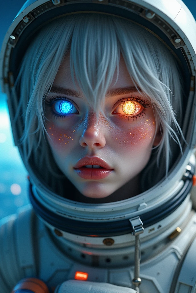 (Close-up of a better masterpiece:1.5)0.9], (Space and astronauts:1.2) (Messy silver hair:1.1) (Heterochromia xanthochromia and blue eyes:1.2) (Space Helmet:1.0) (Colored stars in the eyes:1.0) (A radiant glow:1.1) (thick lips:0.9)