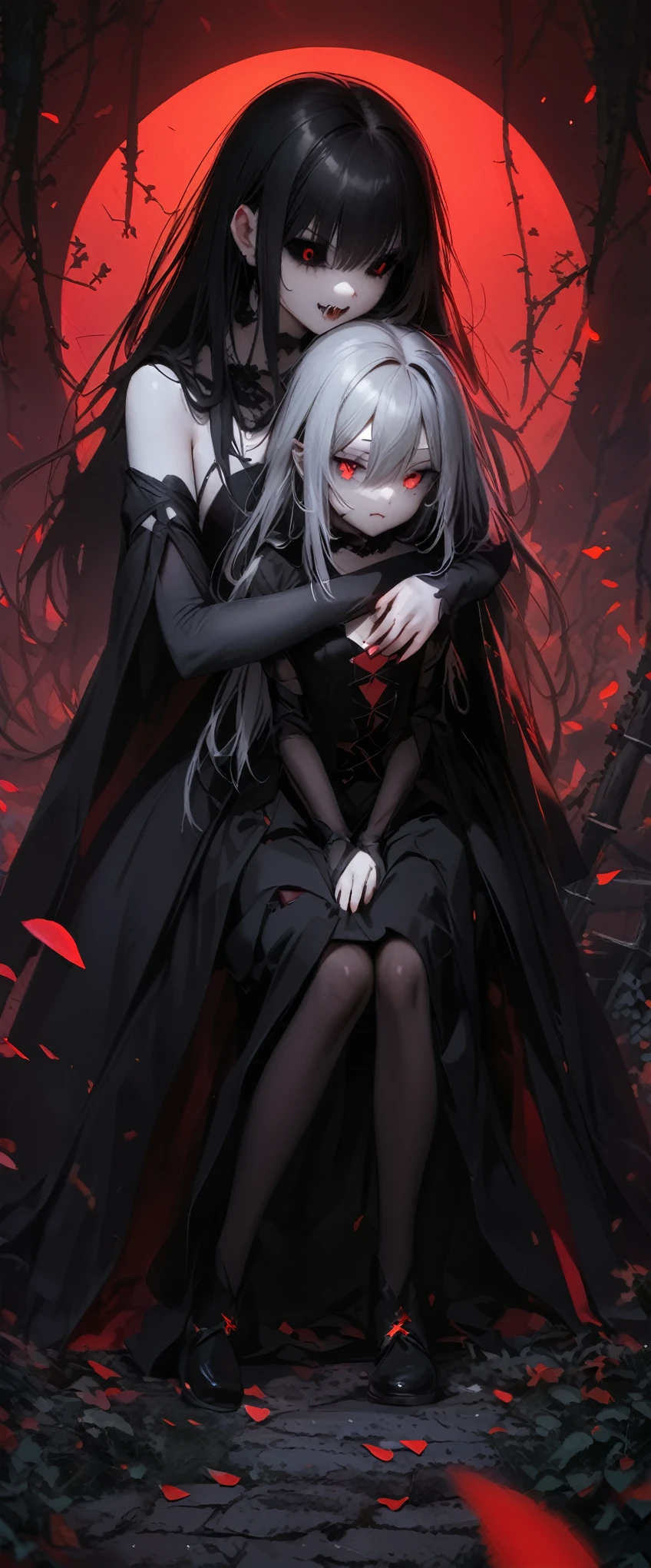 quality\(masterpiece, best quality,8k,wallpaper of extremely detailed CG unit,hight resolution,top-quality,top-quality real texture skin,hyper realisitic,increase the resolution,RAW photos,best qualtiy,highly detailed,the wallpaper\), BREAK ,(1couple\((1vampiress embracing 1victim:1.3)\):1.5), BREAK ,1vampiress\(1girl,young,teen,, black hair, long hair,floating hair, beautiful hair, shining hair, (sharp fangs:1.2),open mouth, (black sclera:1.3),red eyes, glowing eyes, big eyes, frilled shirt, gothic cape, gothic frilled skirt, gothic black boots, tall,breast,pale skin,body floating in sky\), BREAK ,1victim\(1girl,small,10 years olds,weakness,(throwing head back),warped back,silver hair,long hair, hospital gown ,eyes closed,skinny,short,breast,weak,pale skin,silver eyes,bloody neck,bare foot\), BREAK ,background\(grave yard,very dark night, beautiful full moon,red moon, many red roses, thorn (ivy:1.4), rose petals in the sky\),close-up 1couple,(dynamic angle),full body,sad mood, horror mood
