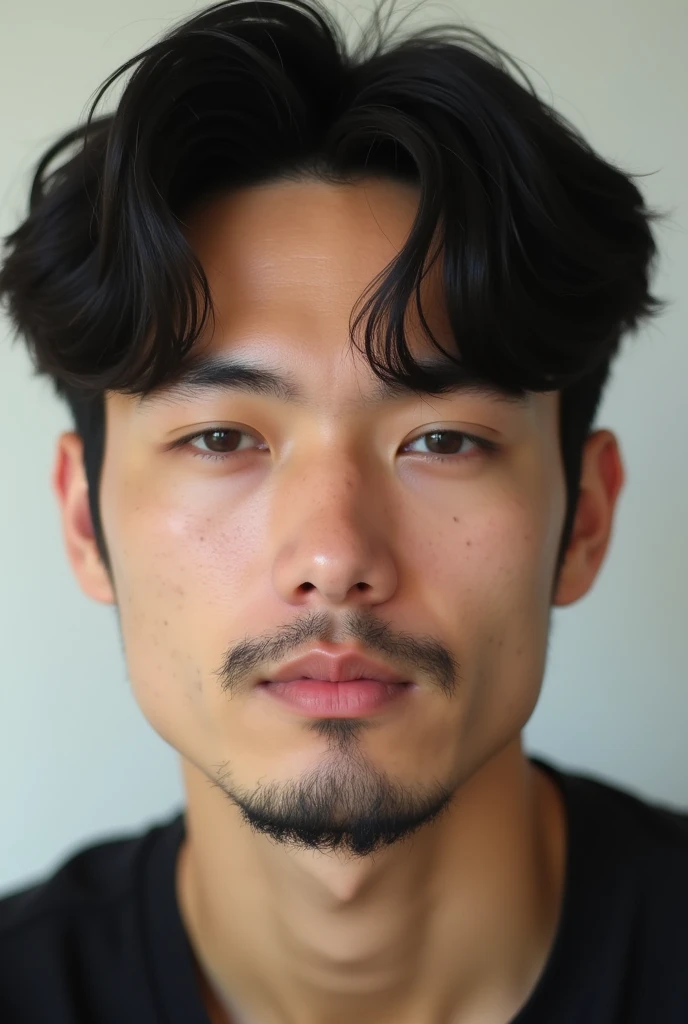 28-year-old man with similar features to South Korean Jungkook. The man has tanned skin, chin-length hair and visible beard. He has a slight mole below his lower lip