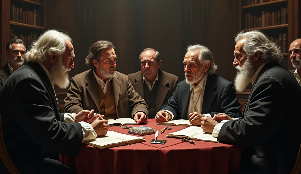 A philosophical debate: An image of philosophers discussing, representing the different interpretations and criticisms of Descartes' arguments