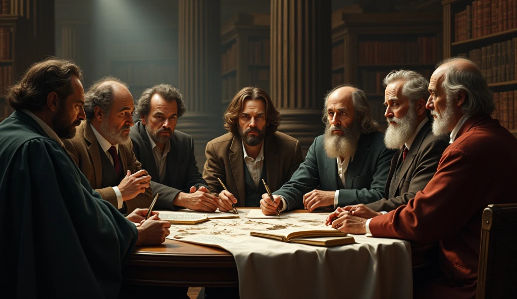 A philosophical debate: An image of philosophers discussing, representing the different interpretations and criticisms of Descartes' arguments