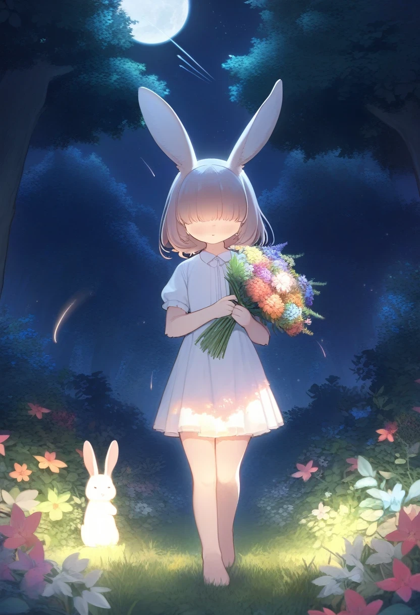 ((Masterpiece)), ((Best Quality)), (Very Detailed), ((Very Detailed)), 4K, (8K), very aesthetic, absurdres highres, 1 girl, (anthropomorphic Rabbit, furry, kemono:1.5),  (hair over eyes, hair covered eyes, hime cut), A woman in casual clothes is holding a colorful bouquet of flowers in a garden on a starry summer night. She is standing among the trees illuminated by the moonlight, with a nervous expression on her face. Her eyes are a mixture of anticipation and joy. In the background, a shooting star shines, and the sound of insects echoes in the silence.