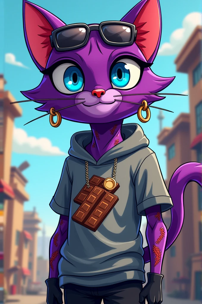 create a male purple humanoid cat, with gold earrings, wearing a gray sweatshirt with a print of a chocolate bar, black gloves, dark glasses on his forehead and black shorts, light blue eyes with red background, he has some tattoos on his body, The art style should be Cartoon Adventure Time style 