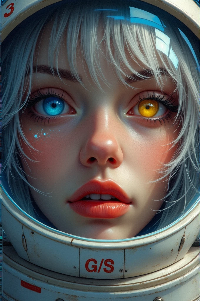 (Close-up of a better masterpiece:1.5)0.9], (Space and astronauts:1.2) (Messy silver hair:1.1) (Heterochromia xanthochromia and blue eyes:1.2) (Space Helmet:1.0) (Colored stars in the eyes:1.0) (A radiant glow:1.1) (thick lips:0.9)