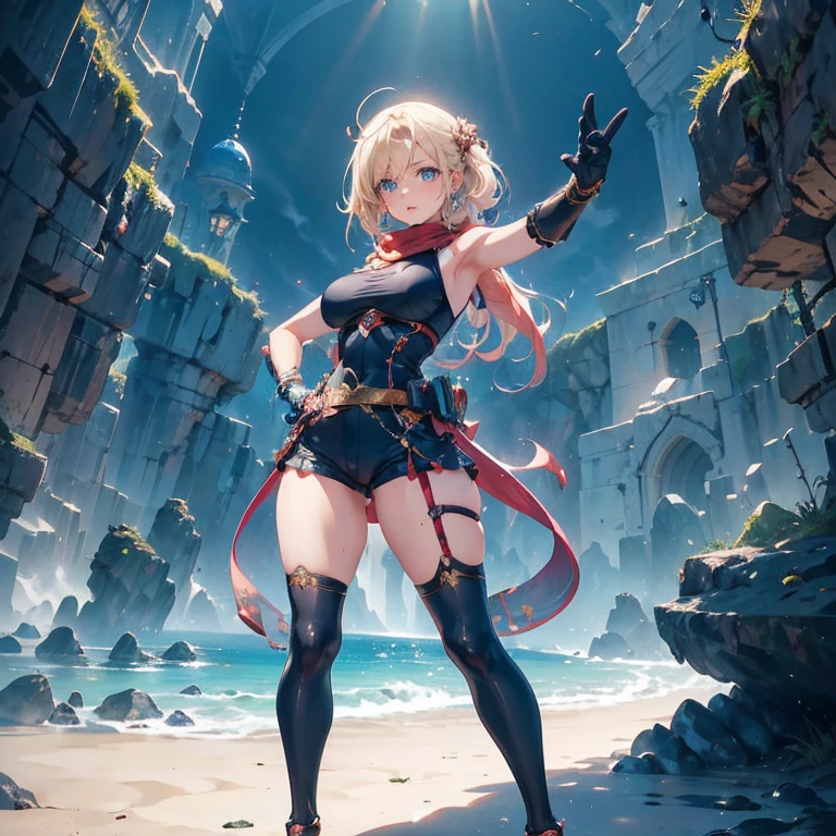 Anime Kawaii sexy Perfect Slim sensual body large breast and huge thighs, An intricate and highly detailed illustration of anime (Young girl) Steppiece, best qualityer, ultra detali, absurdrez, Portrait of the cute android18DB, lifelike face, standing alone, aretes, jewerly, , Coraggioso, closed shadow, the beach, mitts, necklase, stone, standing, fighting position, volumetric lighting, best qualityer, tabletop, details Intricate, tone mapping, sharp focus, hyper detailled Short pants sleeveless