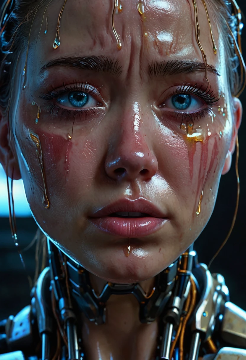 a female cyborg robot with tears in her eyes and face, extremely sad and melancholic, Lights, scars, refractions, Posing, Ultra detailed, High Definition, 8k, highLights, good lighting, the most surprising effect, Science fiction,((meat art griffiths and sean yoro))