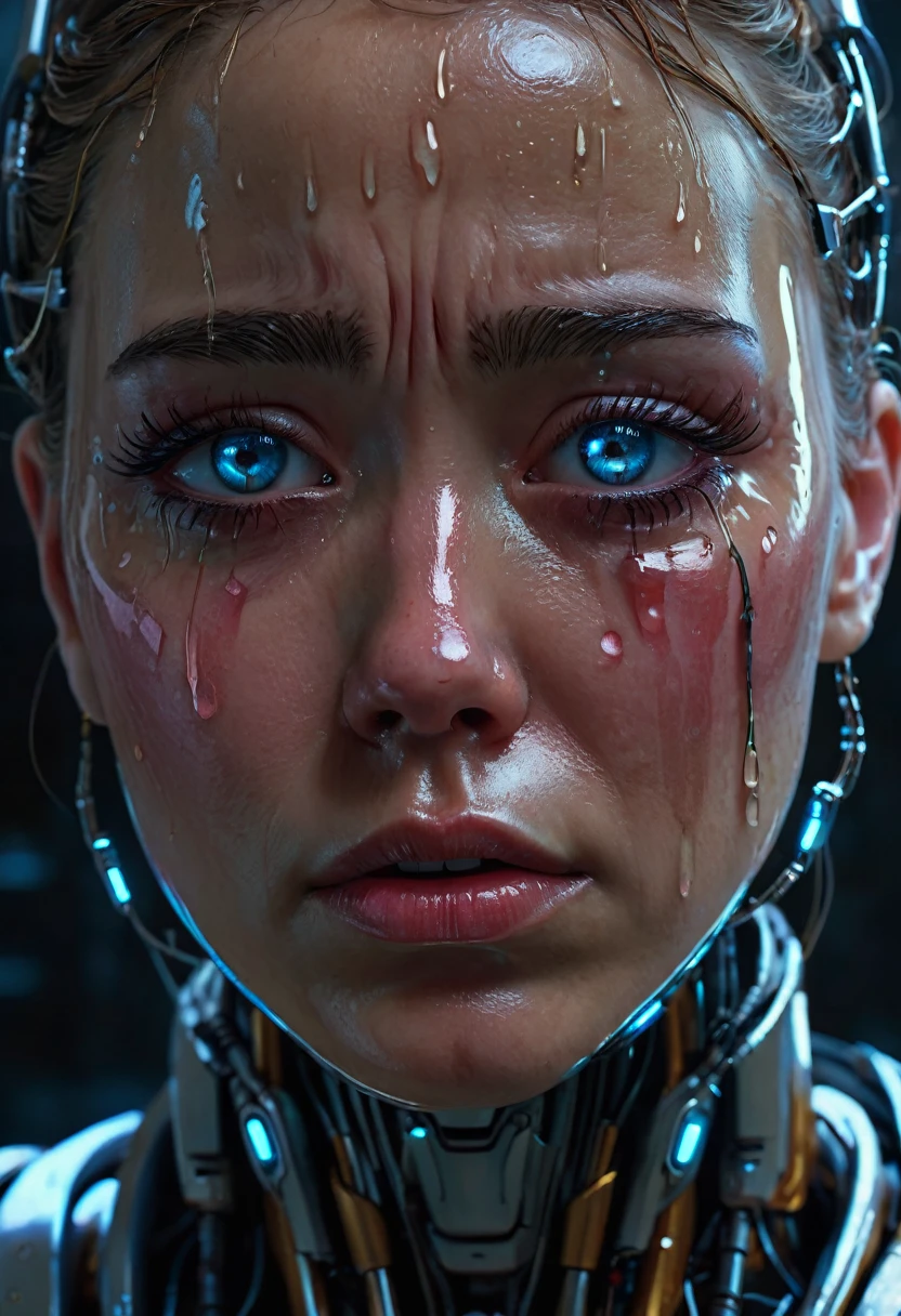 a female cyborg robot with tears in her eyes and face, extremely sad and melancholic, Lights, scars, refractions, Posing, Ultra detailed, High Definition, 8k, highLights, good lighting, the most surprising effect, Science fiction,((meat art griffiths and sean yoro))