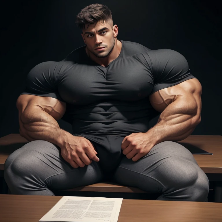 a very handsome young man, big eyes, wearing a gray shirt, exaggeratedly muscular, exaggeratedly huge muscles, with a massively large bulge, exaggeratedly huge bulge, sitting in front of an interrogation table, on a black background