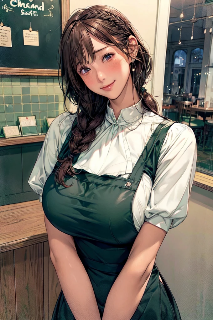 Only one female, /(staff uniform/) /(Dark green apron/), /(Brown Hair/) bangs, A gentle blushing smile, (Masterpiece Top quality:1.2) Delicate illustrations, super detailed, Big Breasts, /(Cafe Shop/),Braiding,skirt