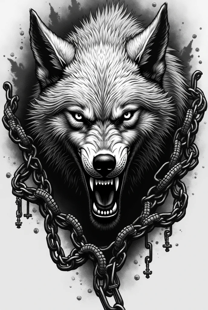 Create a black and white Fenrir pointillism tattoo with chains