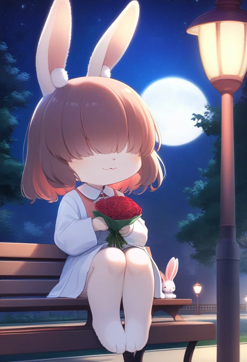 ((Masterpiece)), ((Best Quality)), (Very Detailed), ((Very Detailed)), 4K, (8K), very aesthetic, absurdres highres, 1 girl, (anthropomorphic Rabbit, furry, kemono:1.5), (chibi, hair over eyes, hair covered eyes, hime cut), A young woman sits on a park bench on a full moon night. She is holding a bouquet of red roses and waiting for someone with a nervous expression. The moonlight gently illuminates her face, and in the background is a starry night sky. The silhouettes of the trees sway quietly, and the light of street lamps can be seen vaguely in the distance.