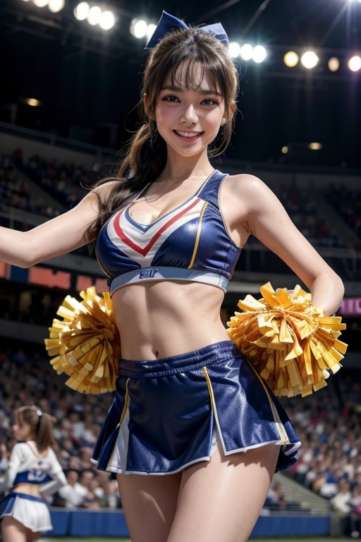 Cheerleader、Enamel costume、Small costume、eparate outfits、Six-pack、A natural smile while dancing、Uplifting、sweating、Cleavage、slender、Stadium、masterpiece, Textured skin,